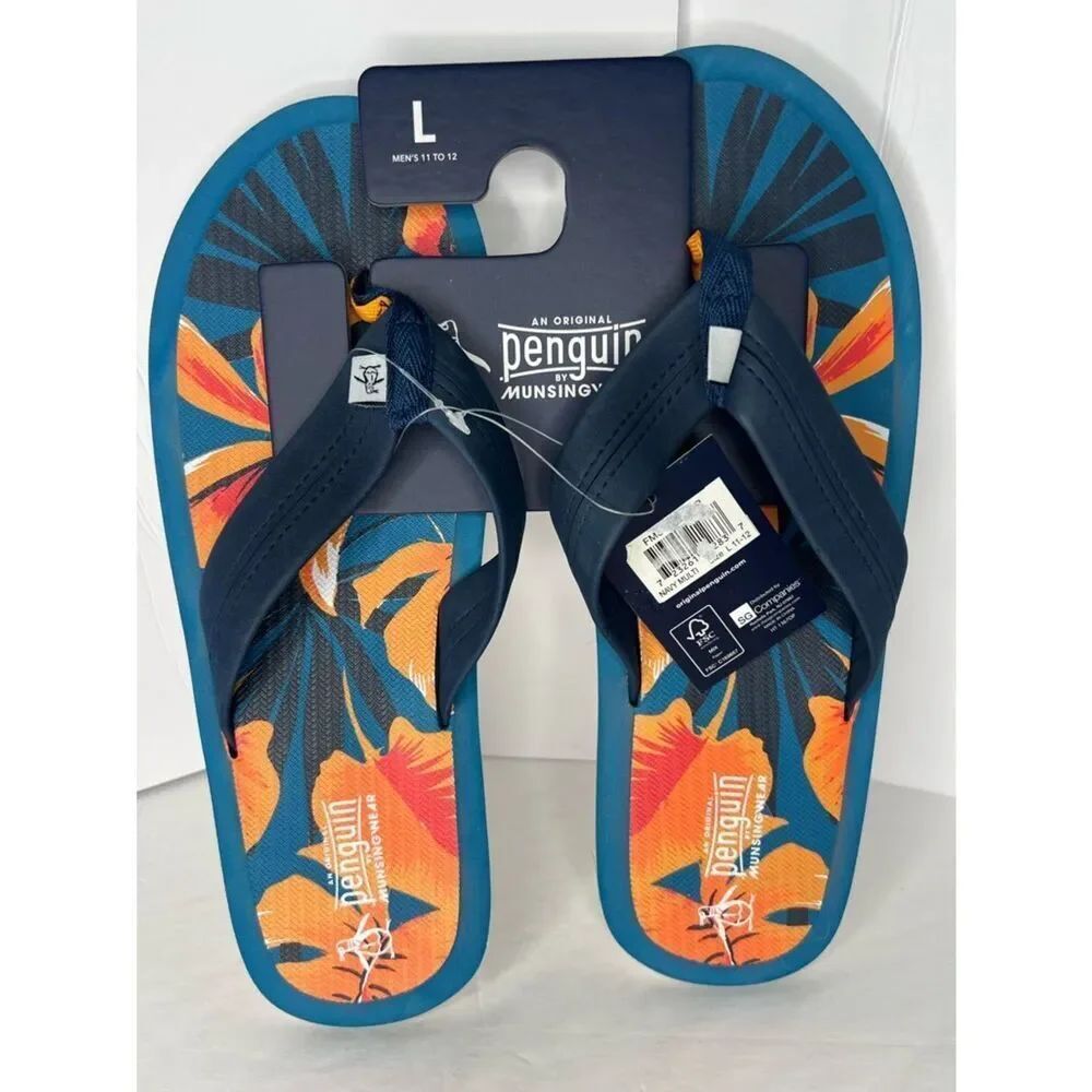 New Original Penguin Navy & Orange Tropical Floral Men's Flip Flops Various Sz